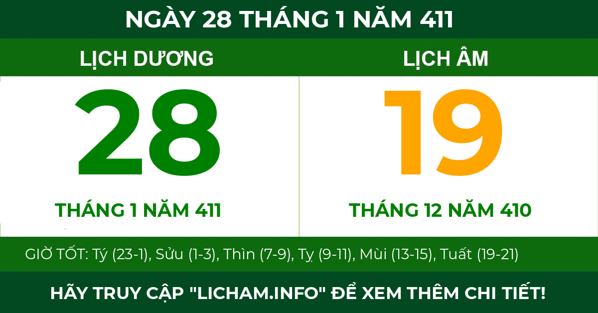 lịch âm ngày 28 tháng 1 năm 411