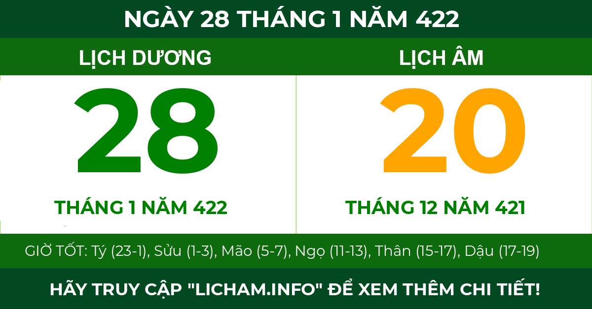 lịch âm ngày 28 tháng 1 năm 422