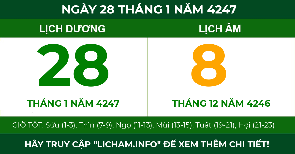 lịch âm ngày 28 tháng 1 năm 4247
