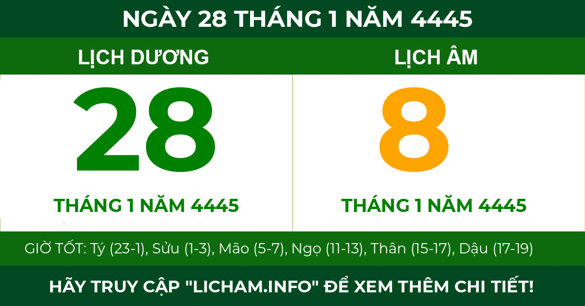 lịch âm ngày 28 tháng 1 năm 4445