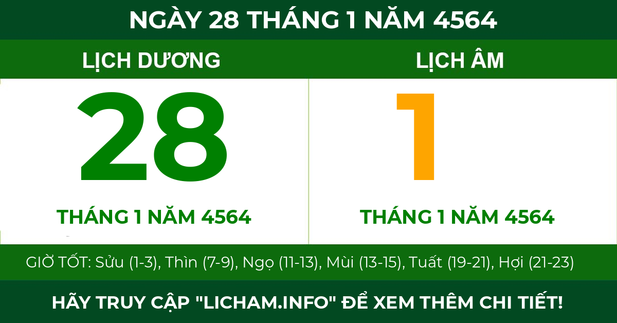 lịch âm ngày 28 tháng 1 năm 4564