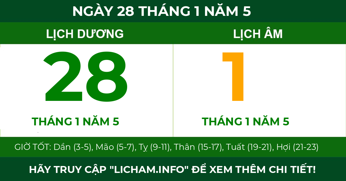 lịch âm ngày 28 tháng 1 năm 5