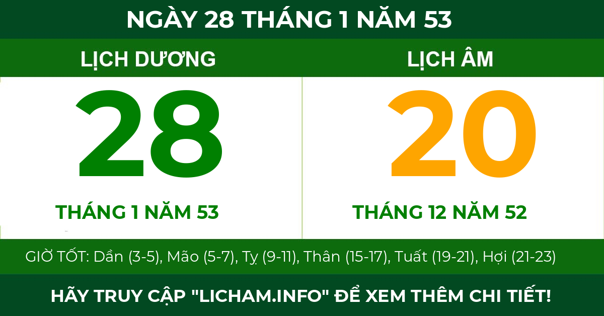 lịch âm ngày 28 tháng 1 năm 53