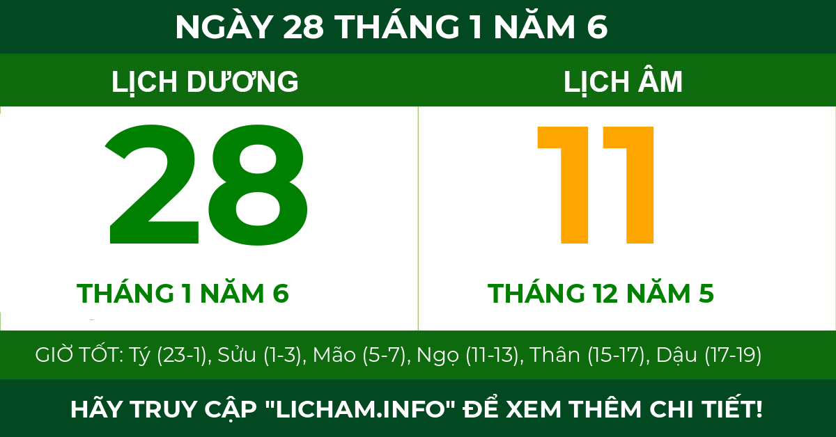 lịch âm ngày 28 tháng 1 năm 6