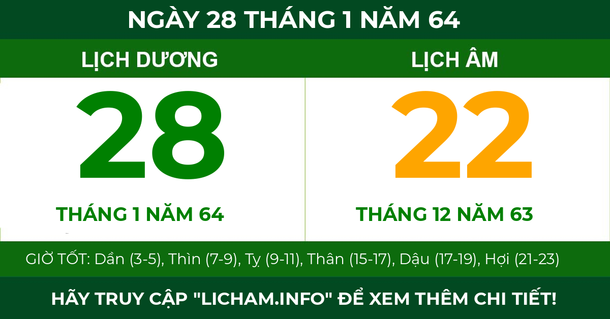 lịch âm ngày 28 tháng 1 năm 64