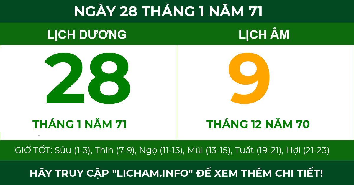 lịch âm ngày 28 tháng 1 năm 71