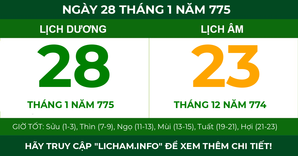 lịch âm ngày 28 tháng 1 năm 775