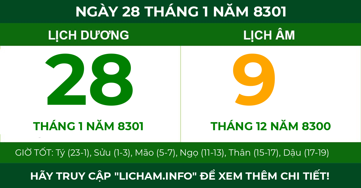 lịch âm ngày 28 tháng 1 năm 8301