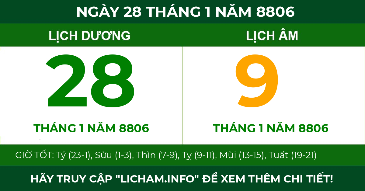 lịch âm ngày 28 tháng 1 năm 8806
