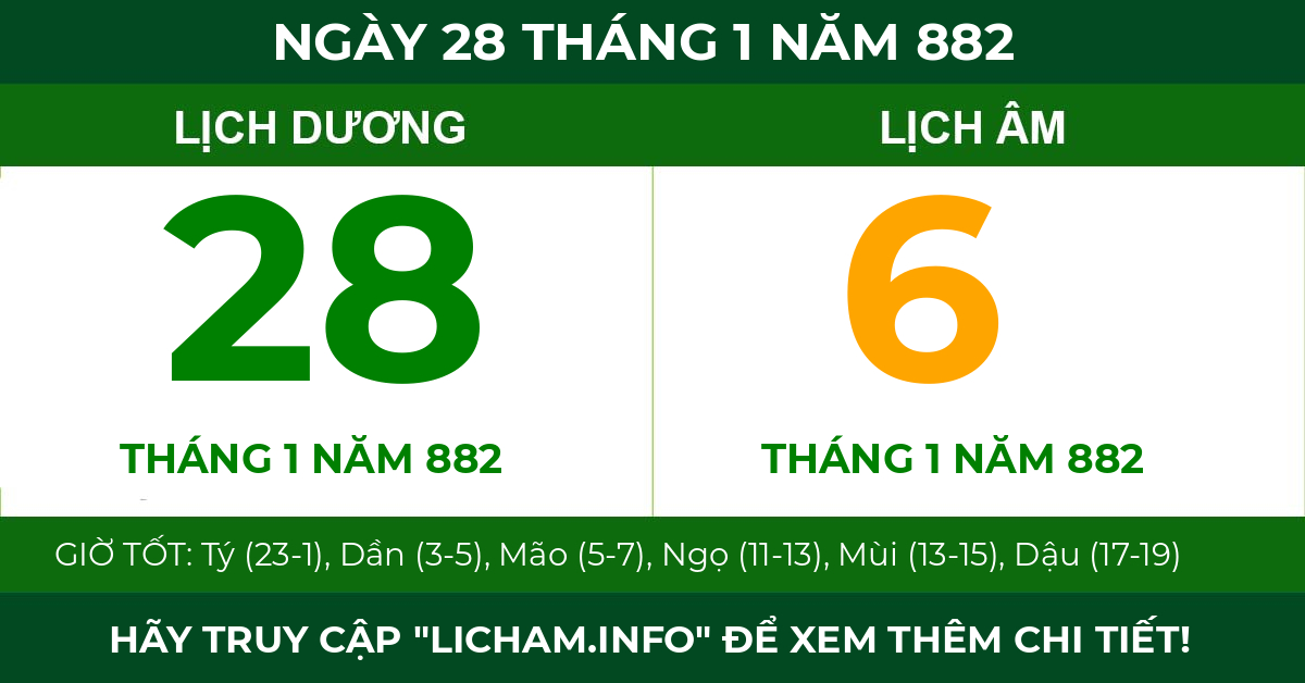 lịch âm ngày 28 tháng 1 năm 882