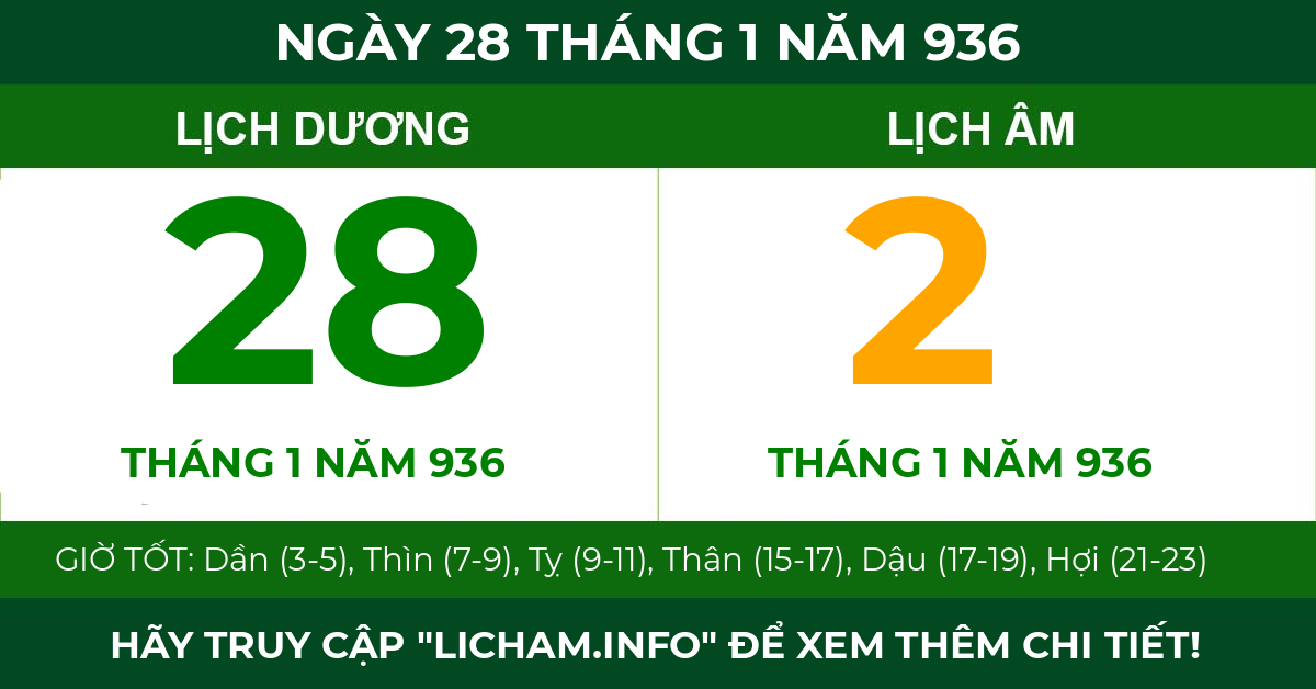 lịch âm ngày 28 tháng 1 năm 936