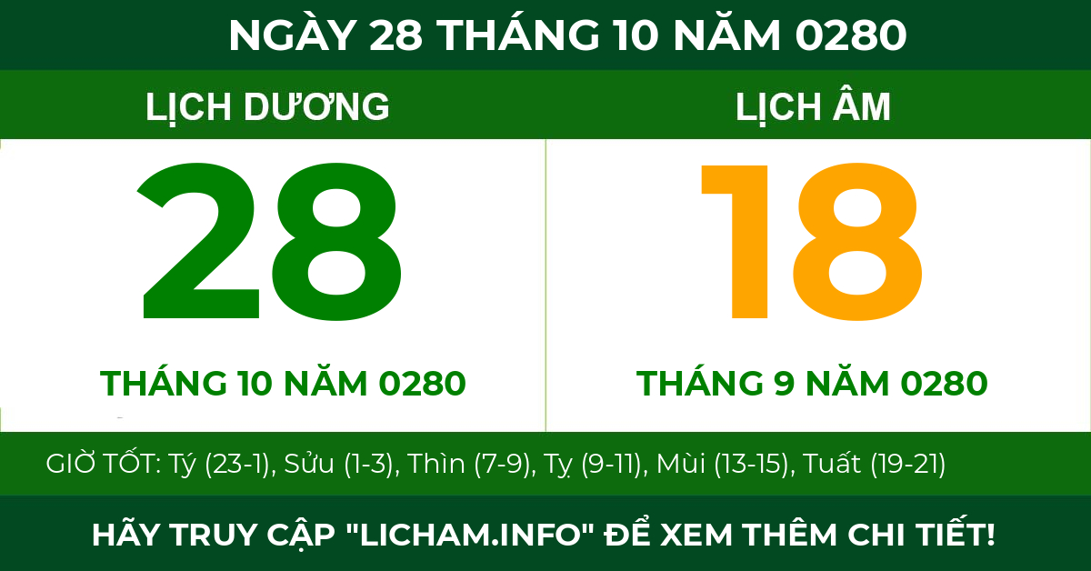 lịch âm ngày 28 tháng 10 năm 0280