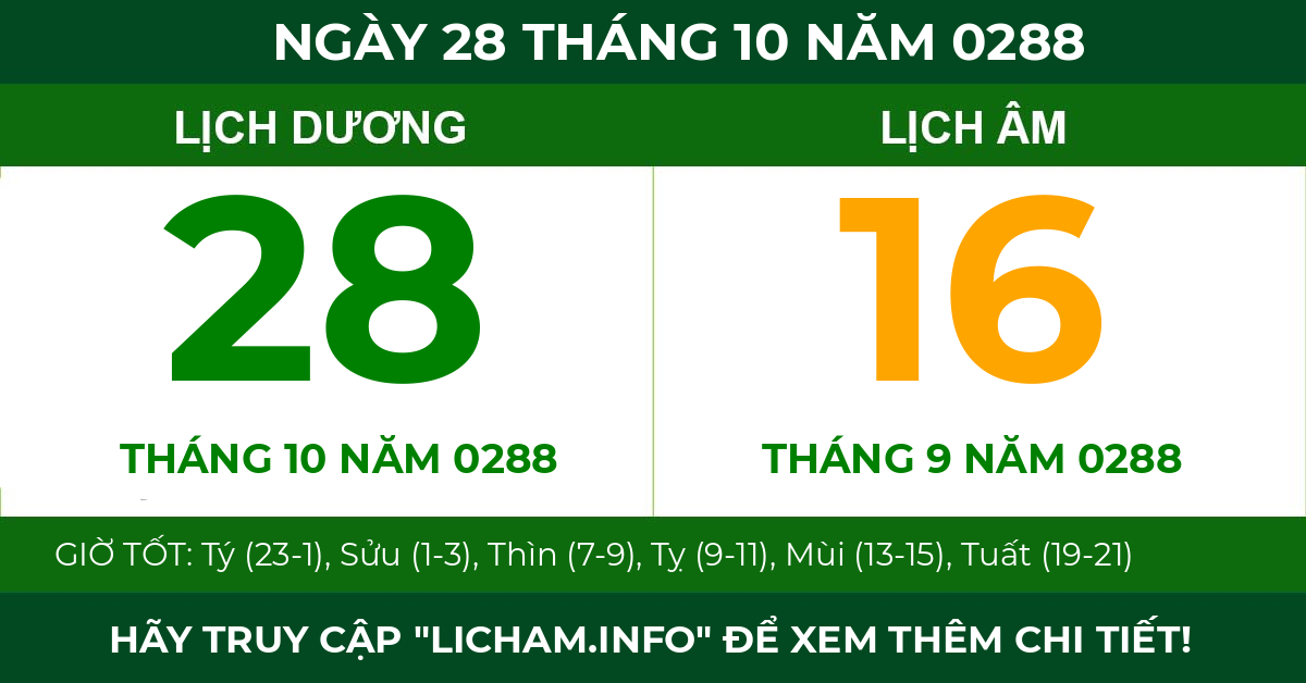 lịch âm ngày 28 tháng 10 năm 0288