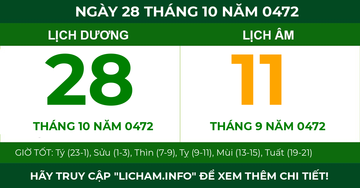 lịch âm ngày 28 tháng 10 năm 0472