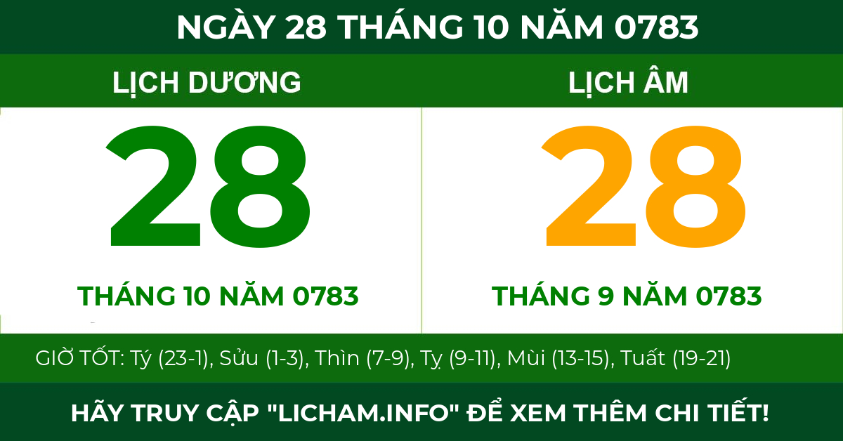 lịch âm ngày 28 tháng 10 năm 0783
