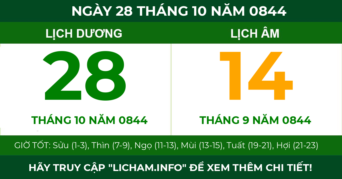 lịch âm ngày 28 tháng 10 năm 0844