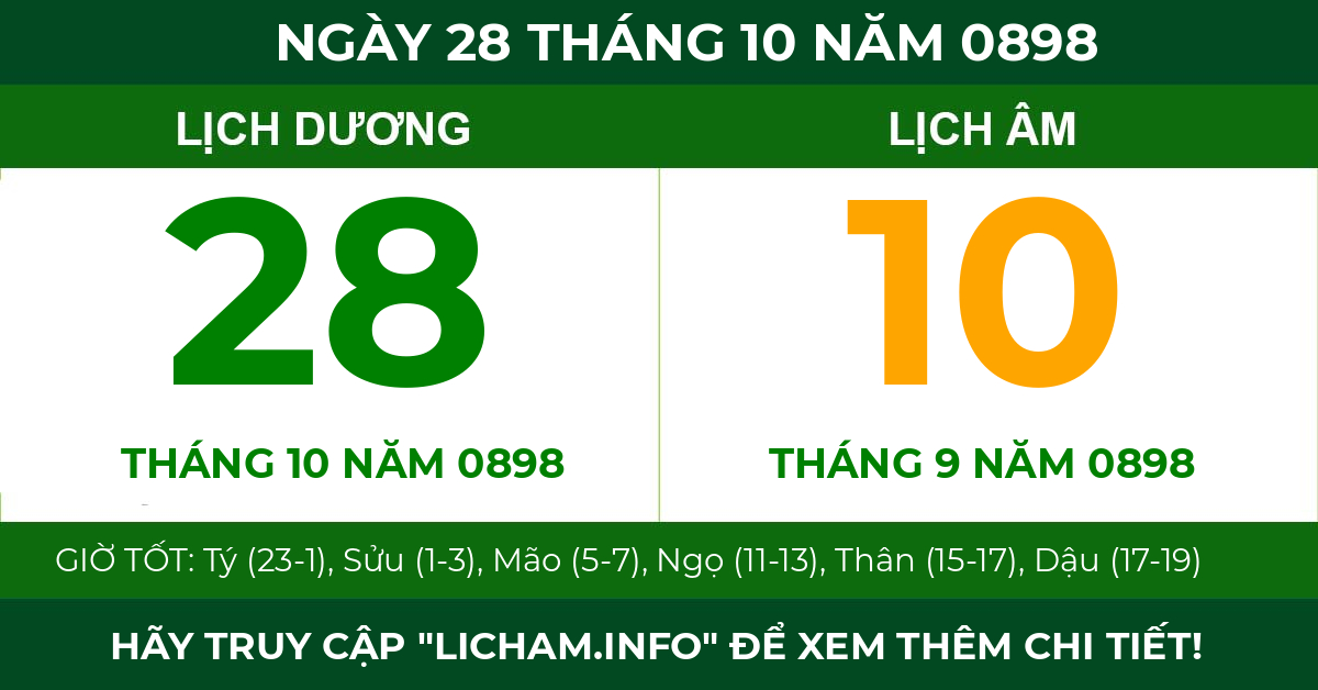 lịch âm ngày 28 tháng 10 năm 0898