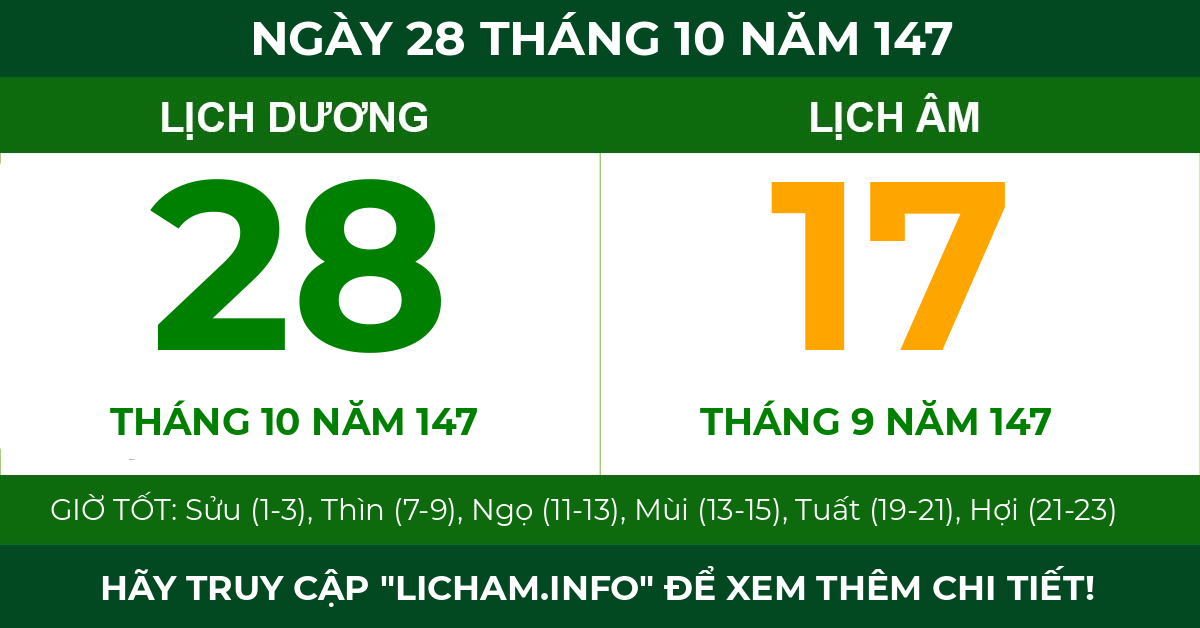 lịch âm ngày 28 tháng 10 năm 147