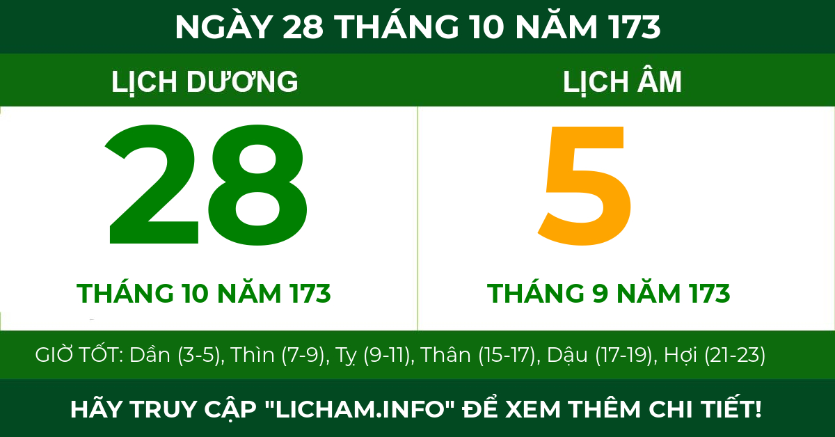 lịch âm ngày 28 tháng 10 năm 173