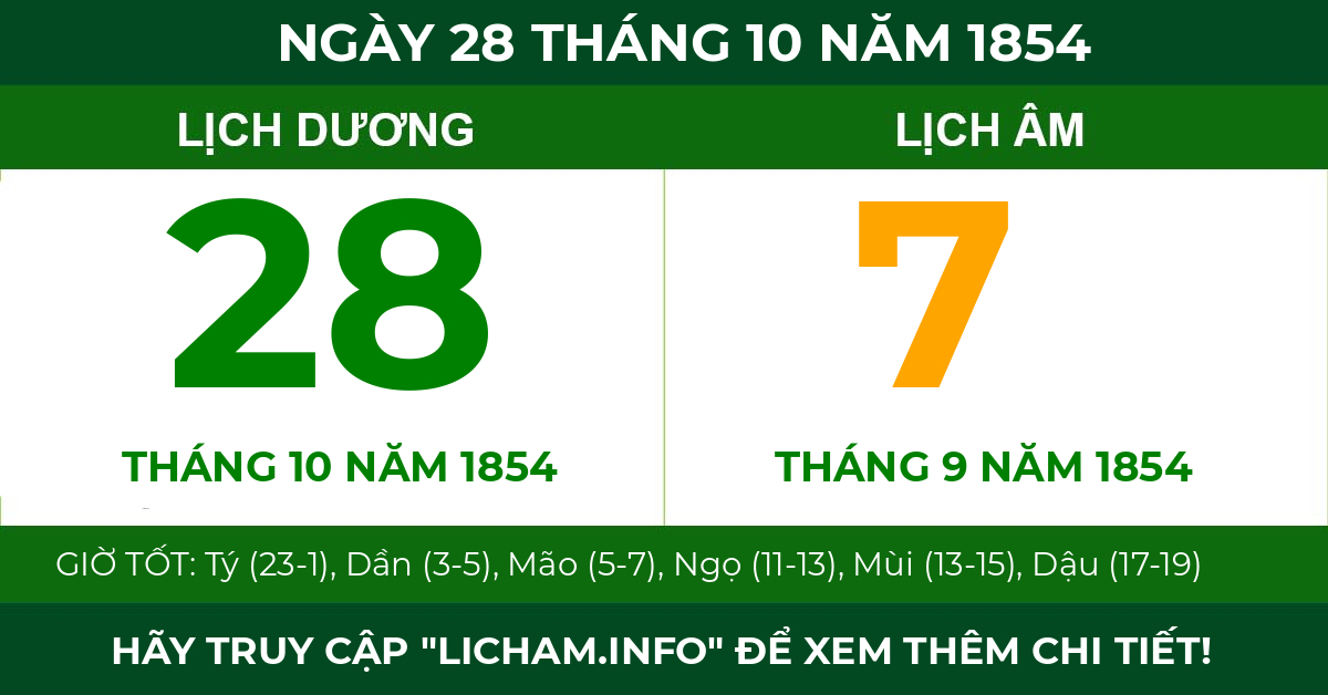 lịch âm ngày 28 tháng 10 năm 1854