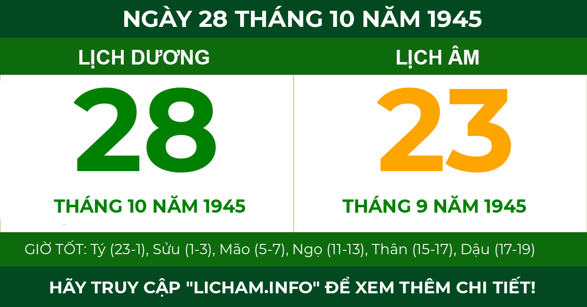 lịch âm ngày 28 tháng 10 năm 1945