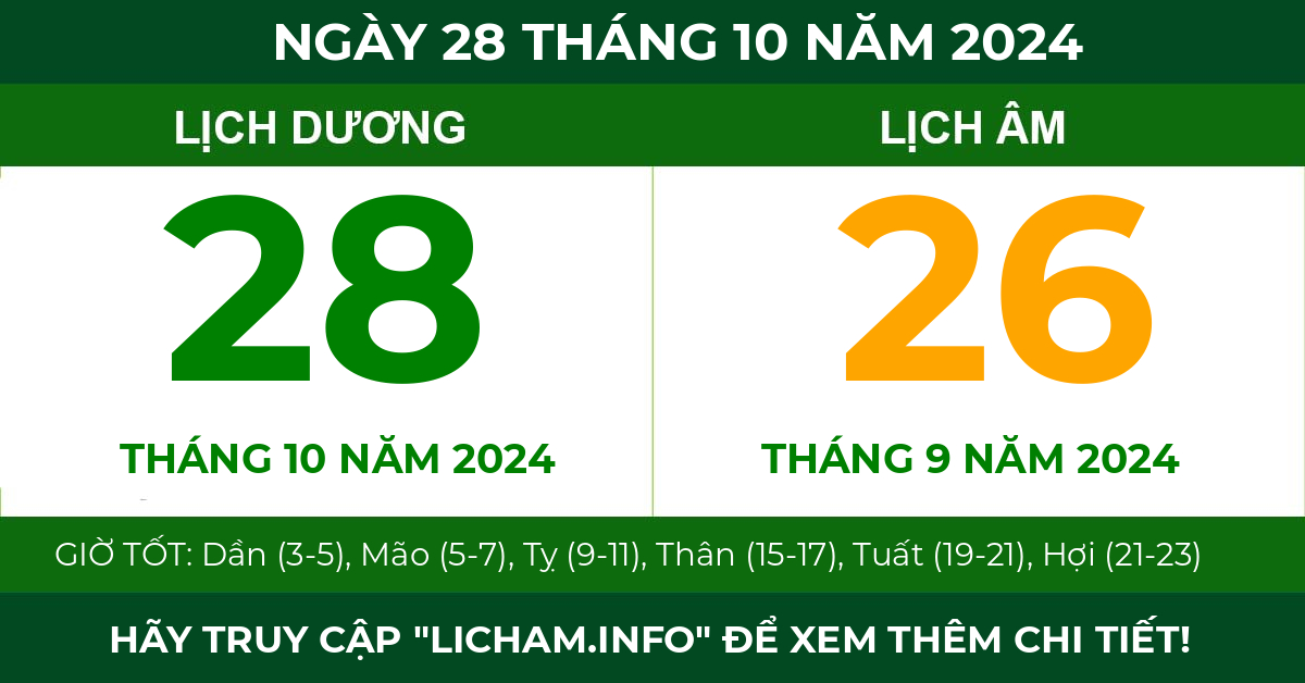 lịch âm ngày 28 tháng 10 năm 2024