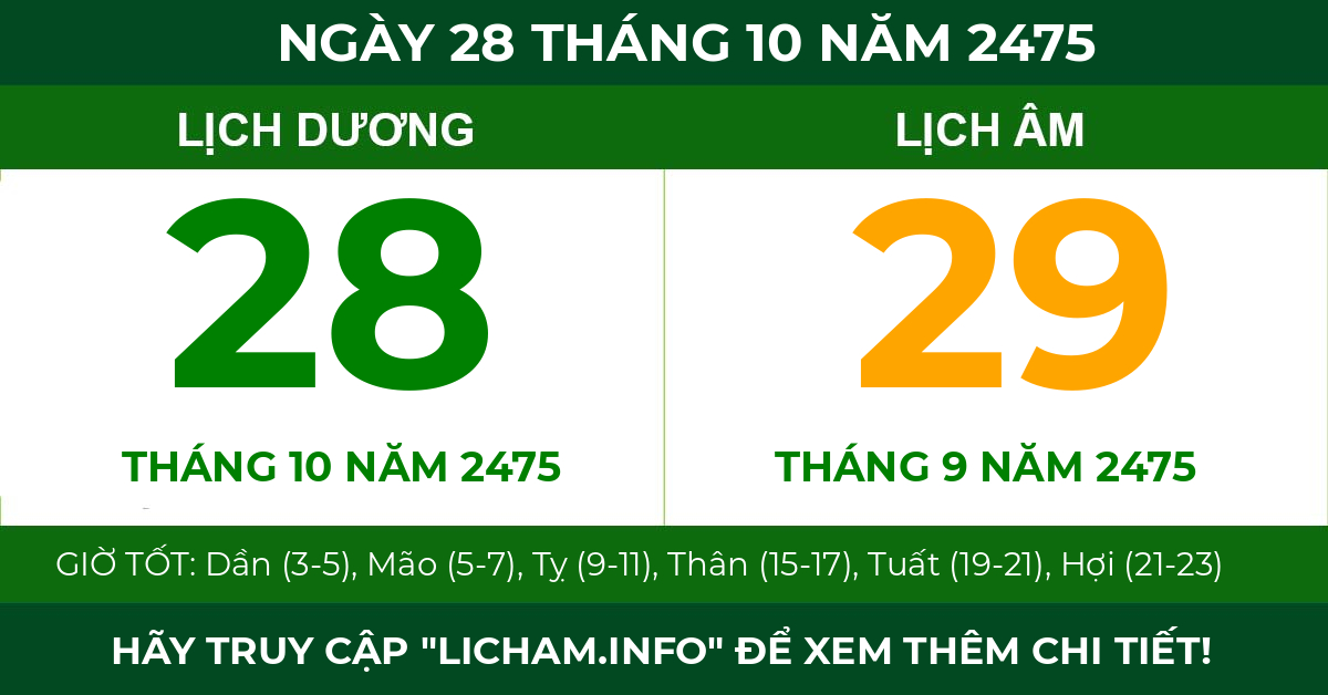 lịch âm ngày 28 tháng 10 năm 2475