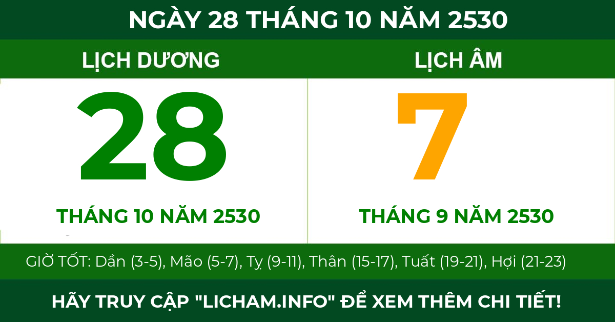 lịch âm ngày 28 tháng 10 năm 2530