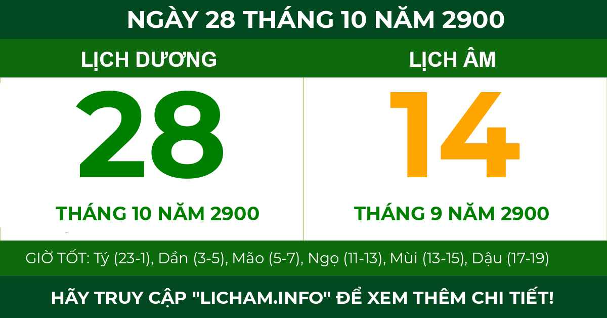 lịch âm ngày 28 tháng 10 năm 2900