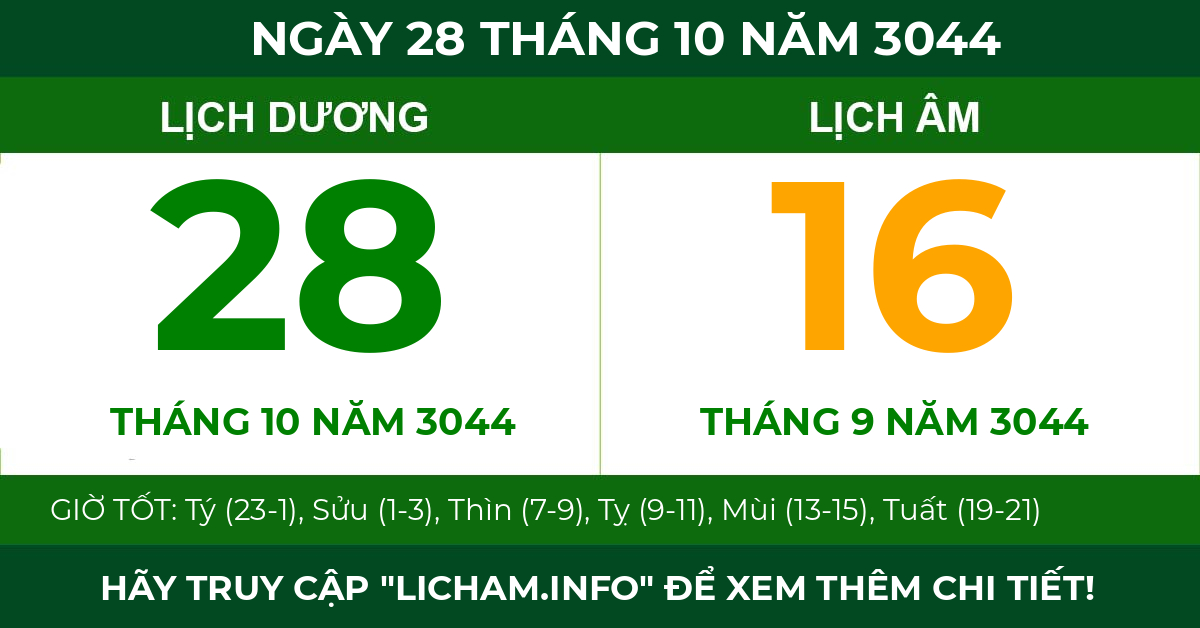lịch âm ngày 28 tháng 10 năm 3044