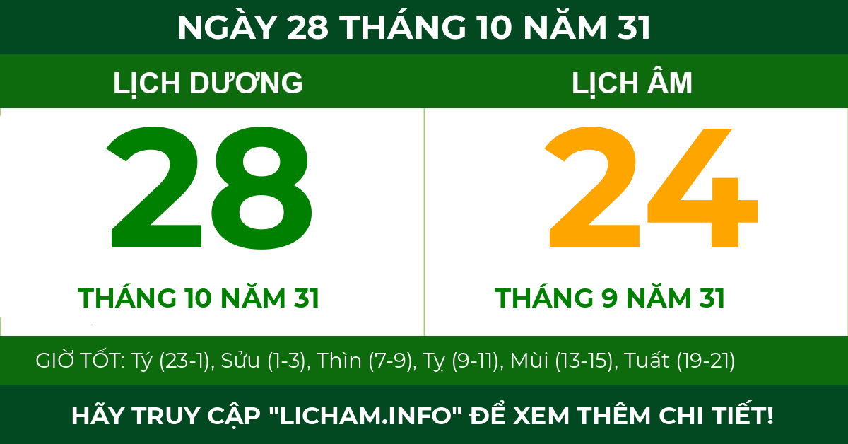 lịch âm ngày 28 tháng 10 năm 31