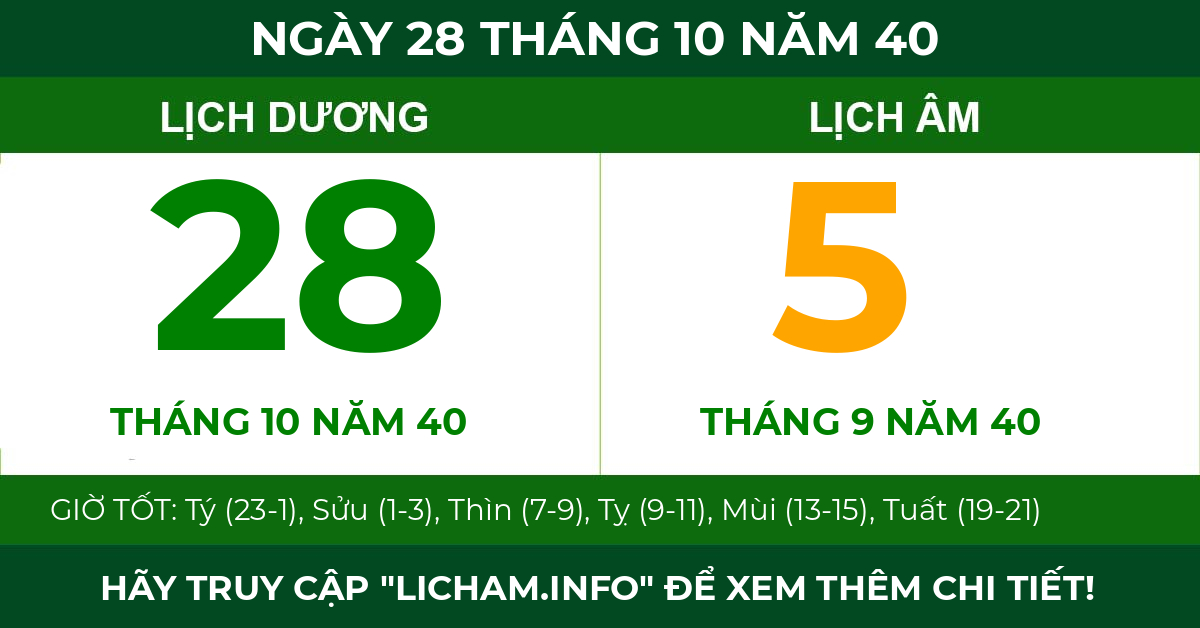 lịch âm ngày 28 tháng 10 năm 40