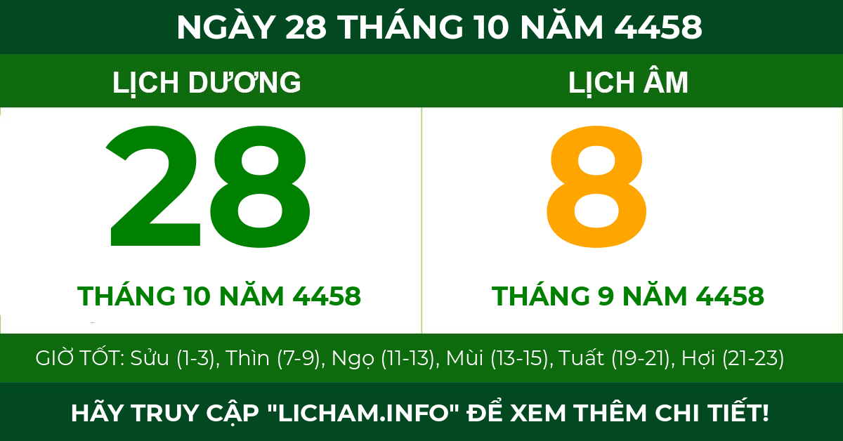 lịch âm ngày 28 tháng 10 năm 4458