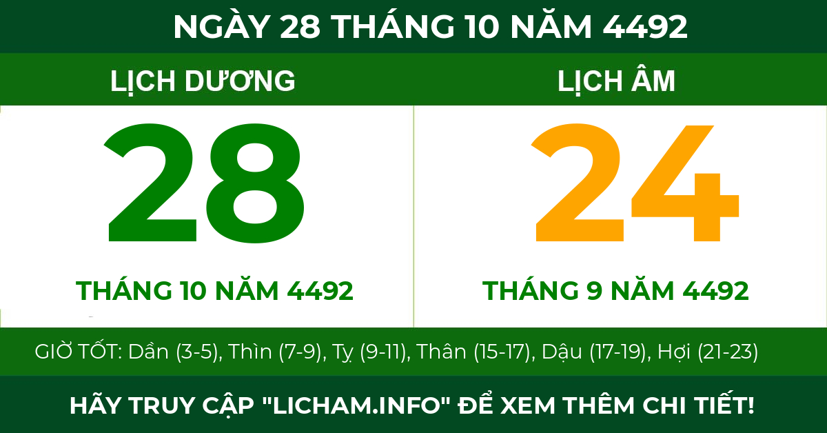lịch âm ngày 28 tháng 10 năm 4492