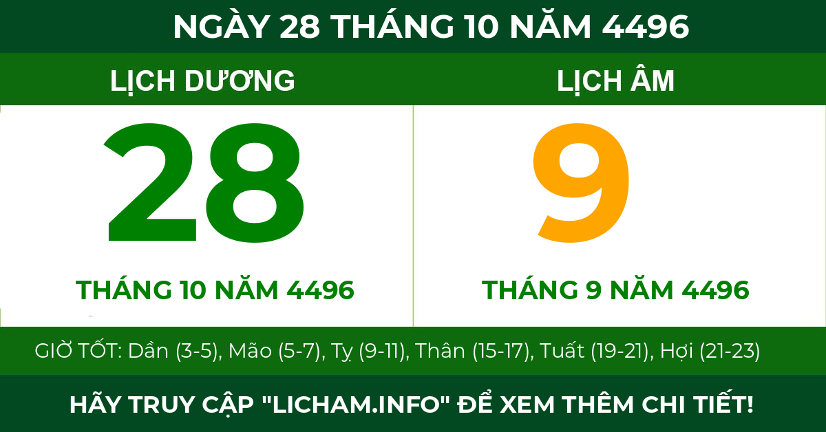 lịch âm ngày 28 tháng 10 năm 4496