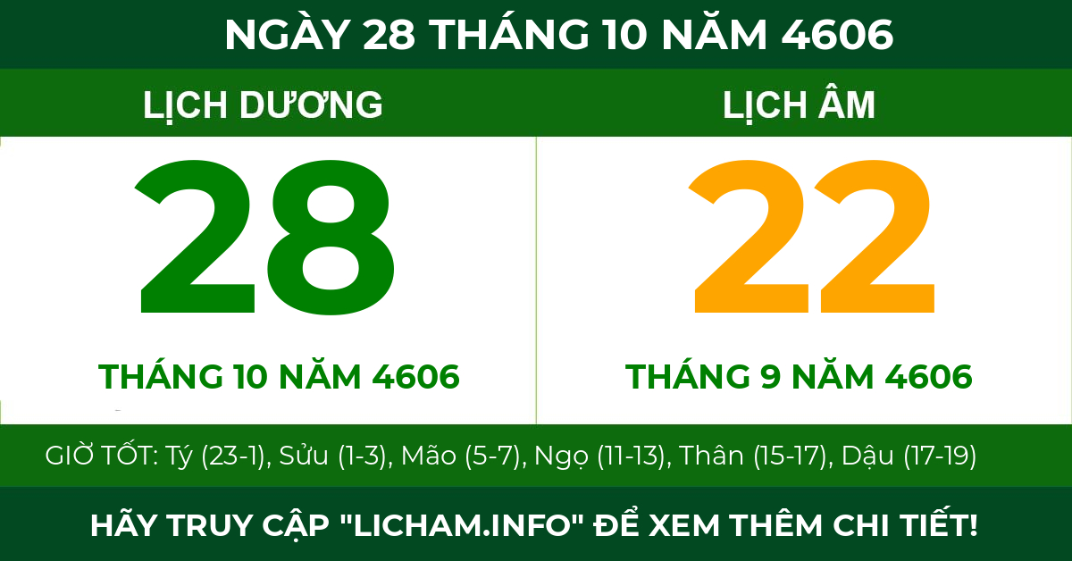 lịch âm ngày 28 tháng 10 năm 4606