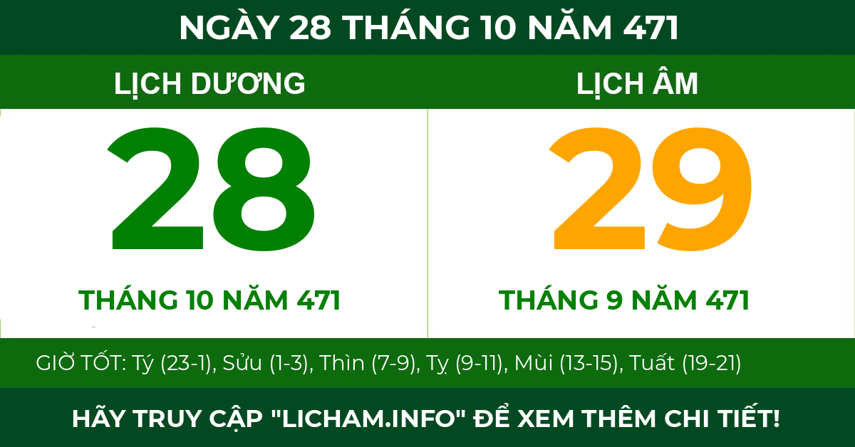lịch âm ngày 28 tháng 10 năm 471