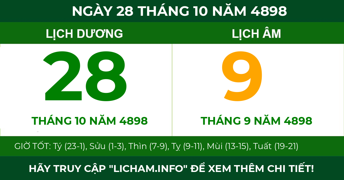 lịch âm ngày 28 tháng 10 năm 4898