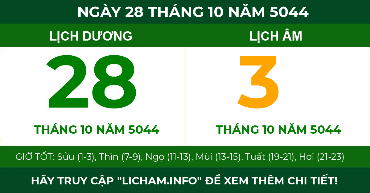 lịch âm ngày 28 tháng 10 năm 5044