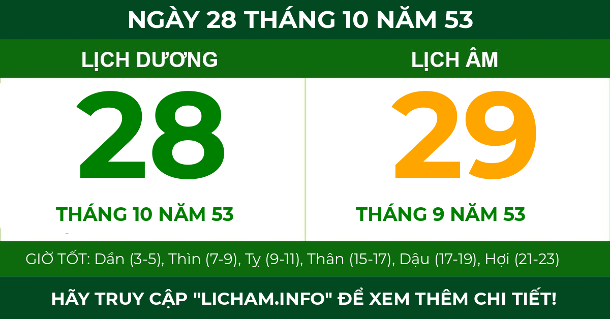 lịch âm ngày 28 tháng 10 năm 53