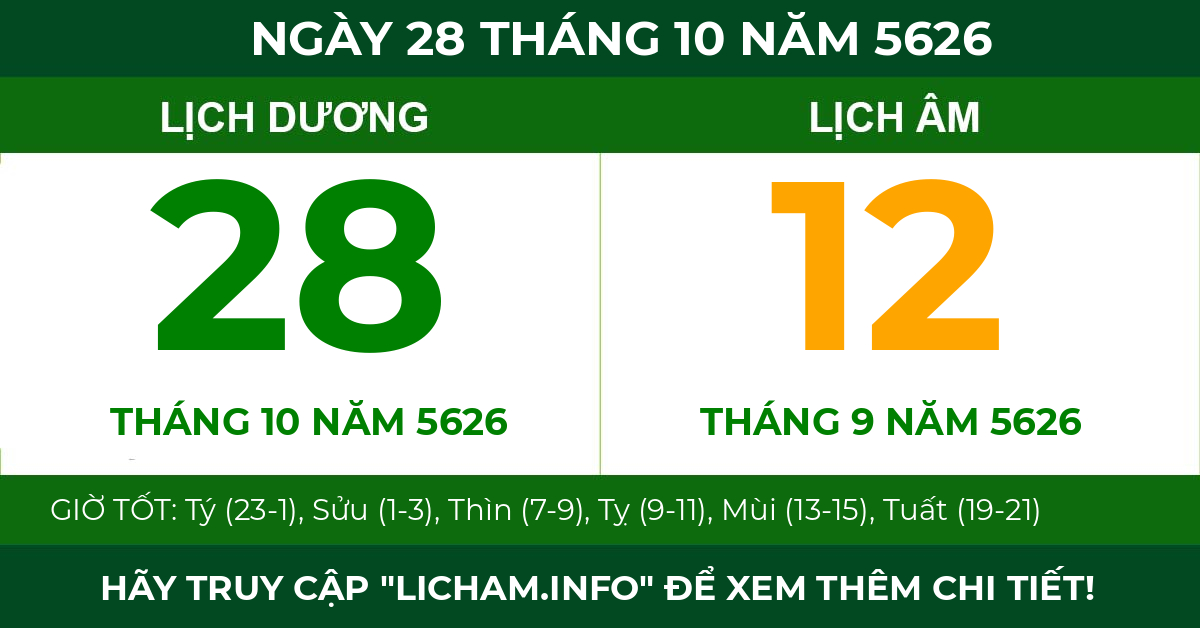 lịch âm ngày 28 tháng 10 năm 5626