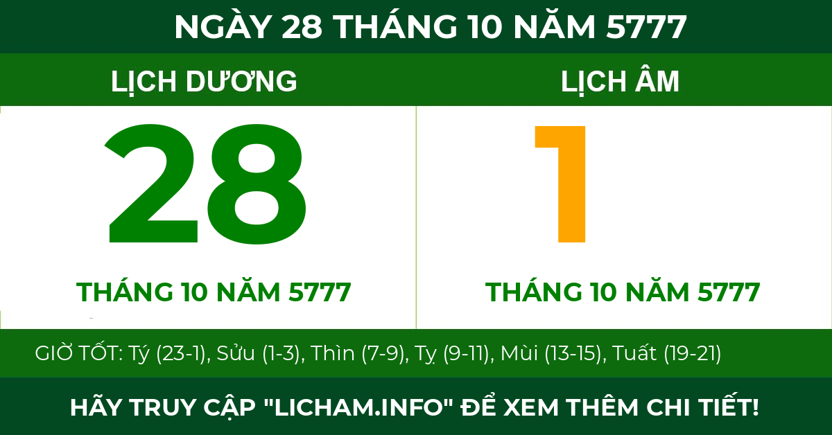 lịch âm ngày 28 tháng 10 năm 5777