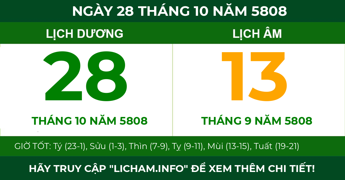 lịch âm ngày 28 tháng 10 năm 5808