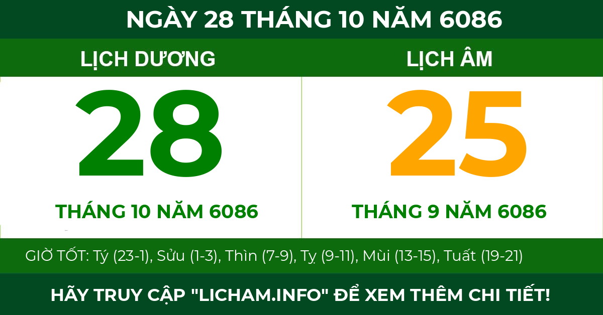 lịch âm ngày 28 tháng 10 năm 6086