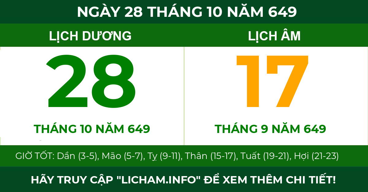 lịch âm ngày 28 tháng 10 năm 649