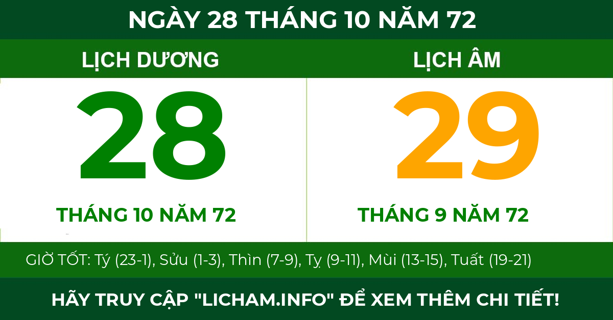 lịch âm ngày 28 tháng 10 năm 72