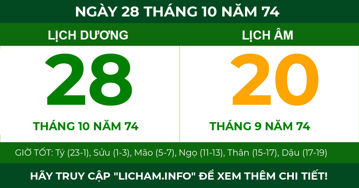 lịch âm ngày 28 tháng 10 năm 74