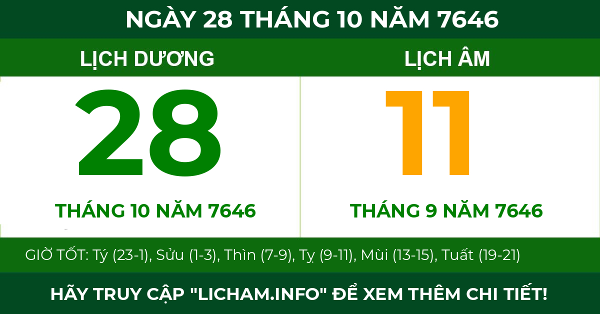 lịch âm ngày 28 tháng 10 năm 7646