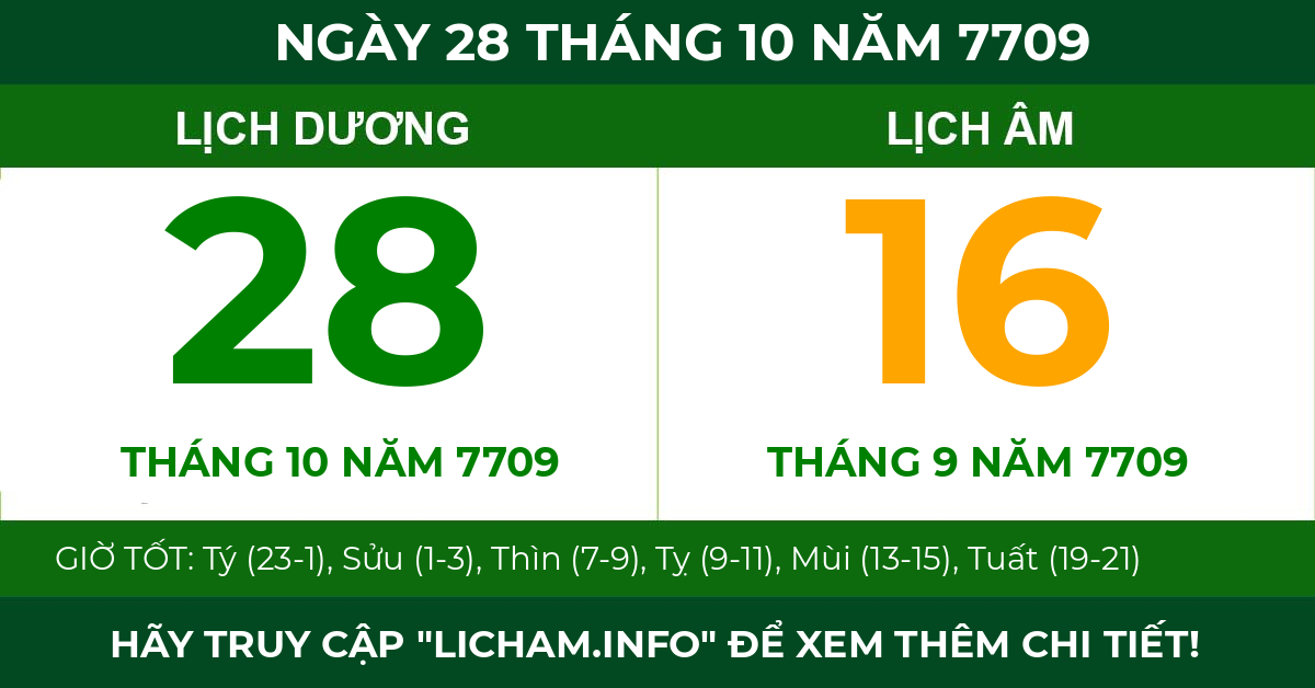 lịch âm ngày 28 tháng 10 năm 7709