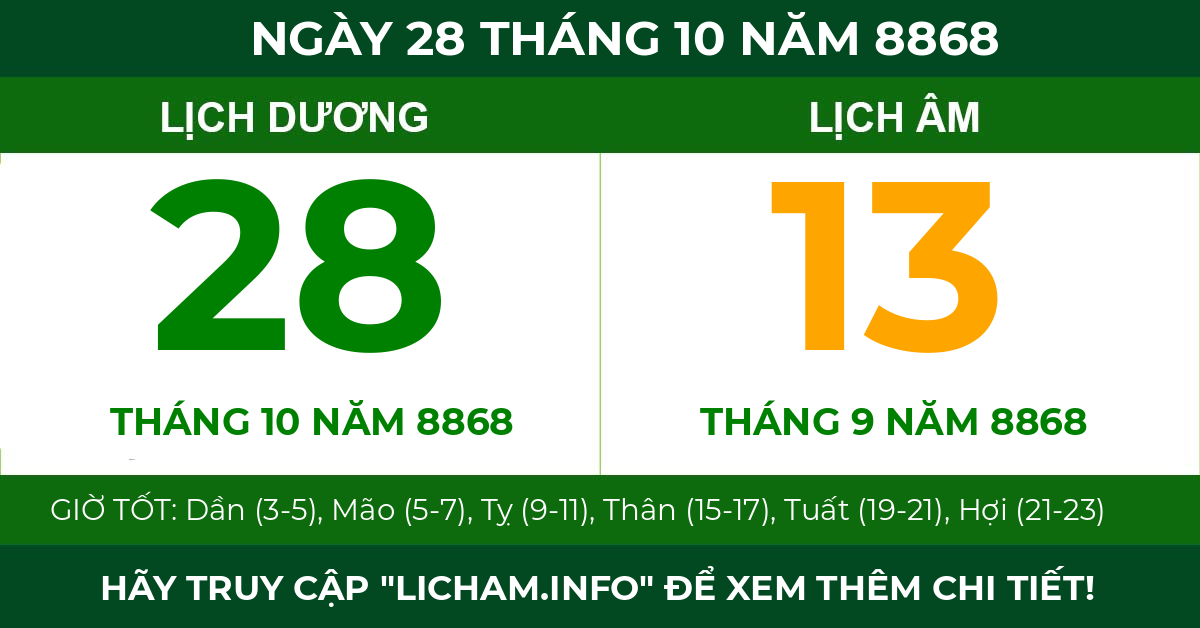 lịch âm ngày 28 tháng 10 năm 8868
